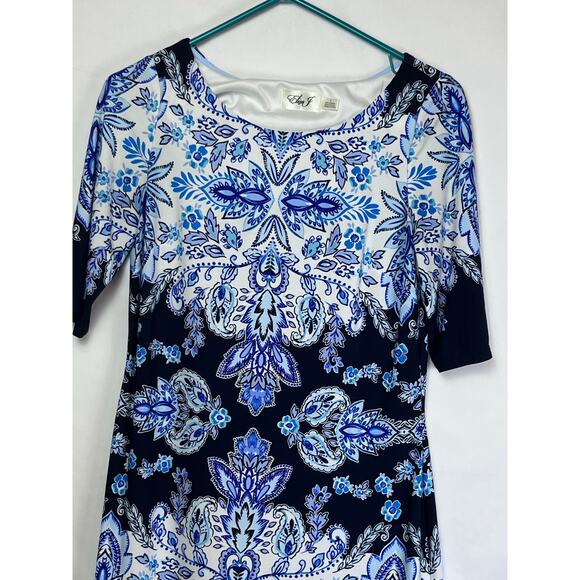 Eliza J Women's Size 4 Blue/White Knee Length Pullover Floral Print Knit Dress - Picture 7 of 8